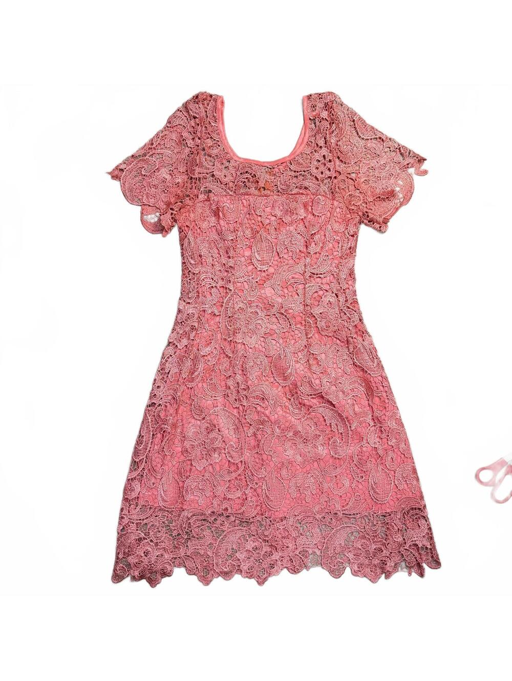 Women's Coral Lace Short Sleeve Dress with Floral Pattern